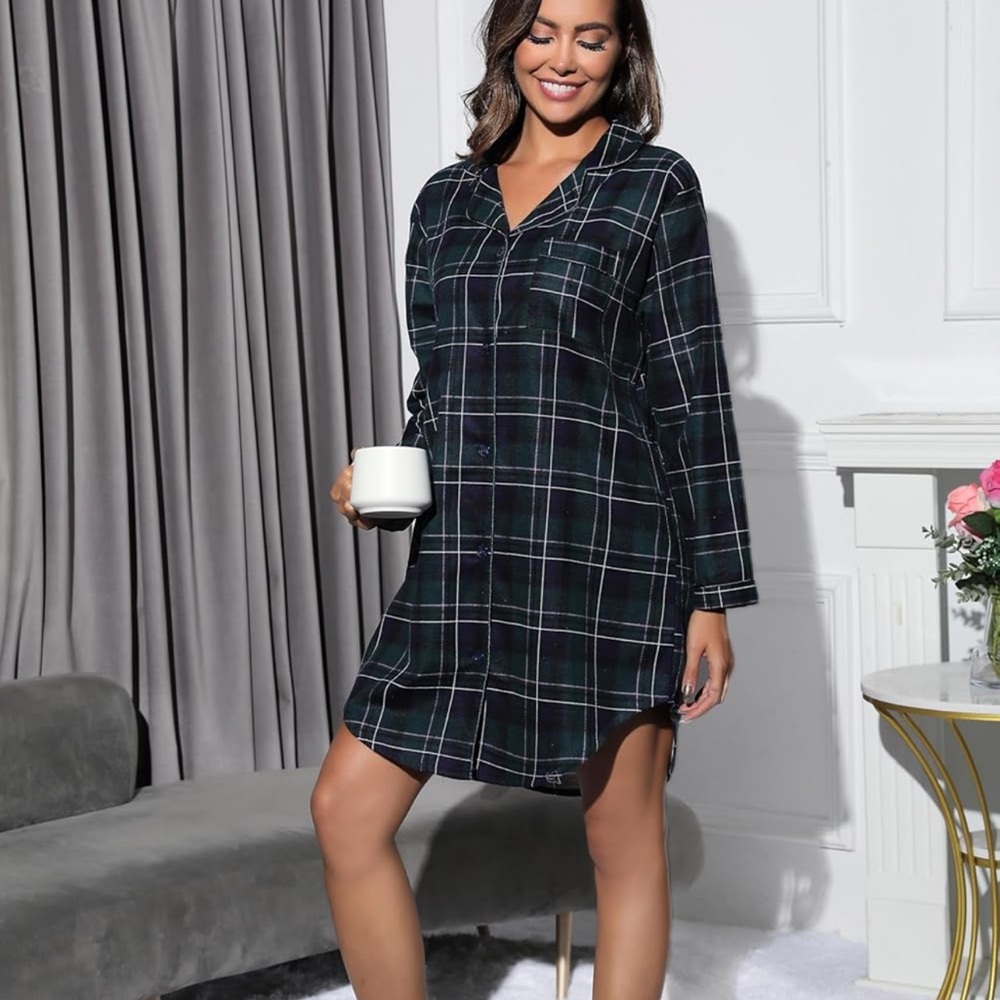 Women’s Large Flannel Plaid Long Sleeve Nightshirt Pajama Dress